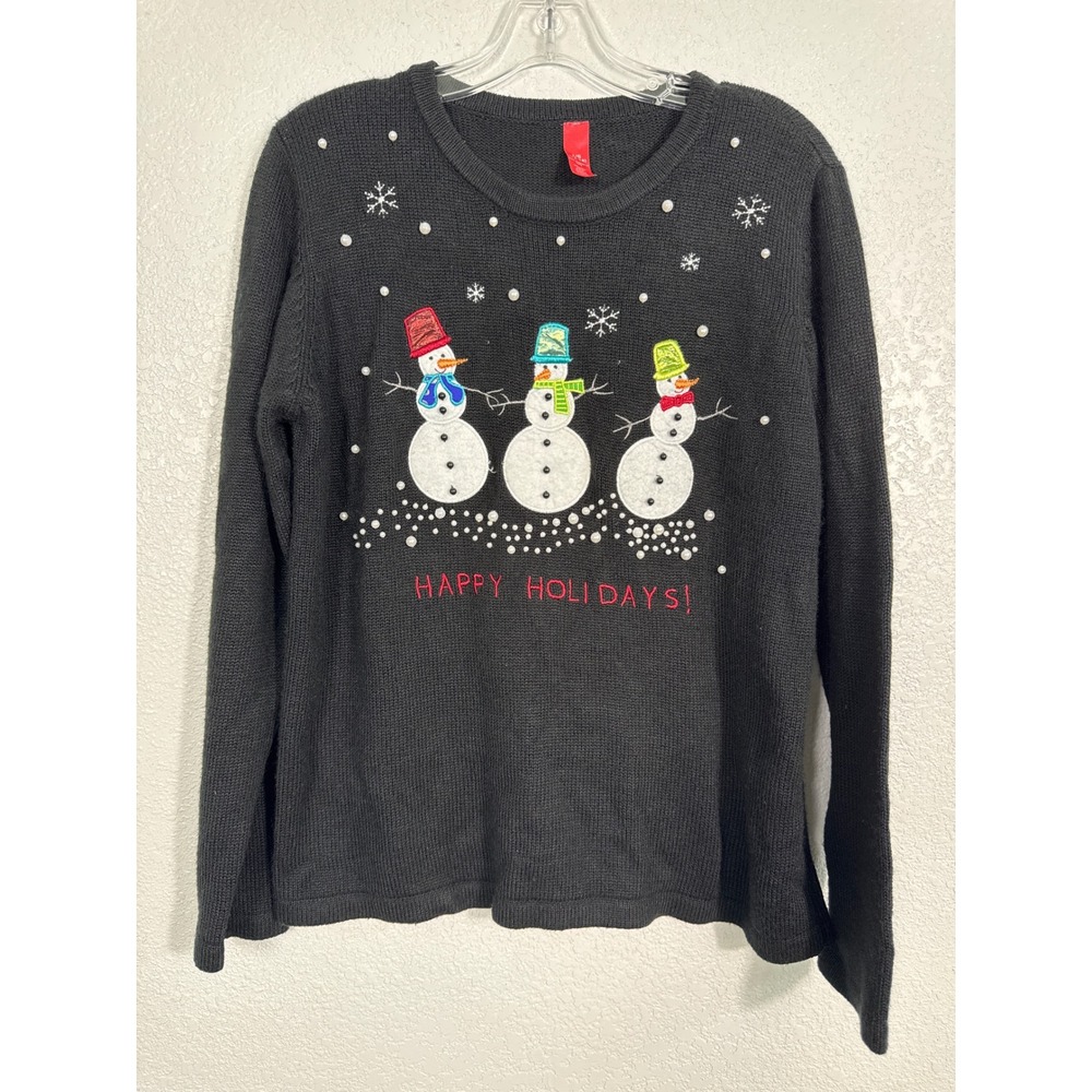 Snowman Christmas Sweater Large Black Whimsical Beaded Happy Holidays